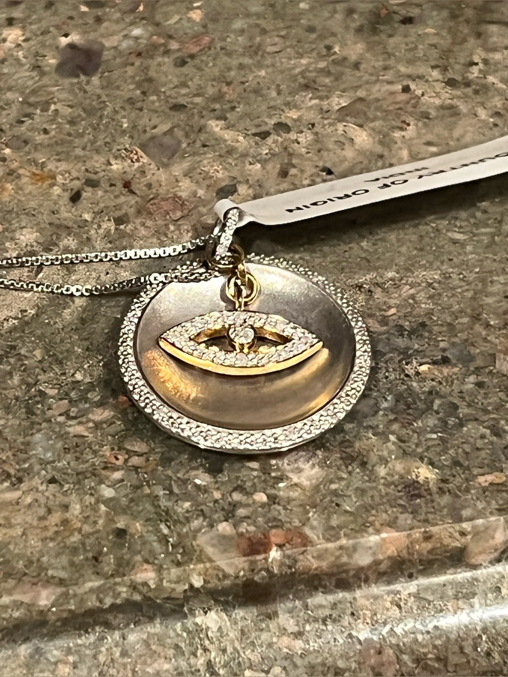 Two-Tone Evil Eye Disc Pendant Necklace - Gold & Silver (925), 21in chain